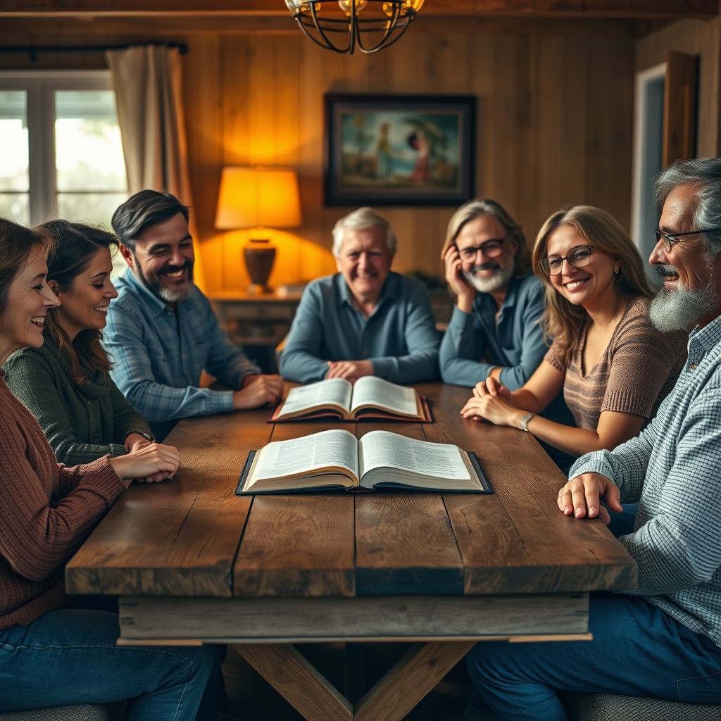 A diverse Christian group in a warmly lit living room gathered around a table with an open Bible, sharing encouragement.