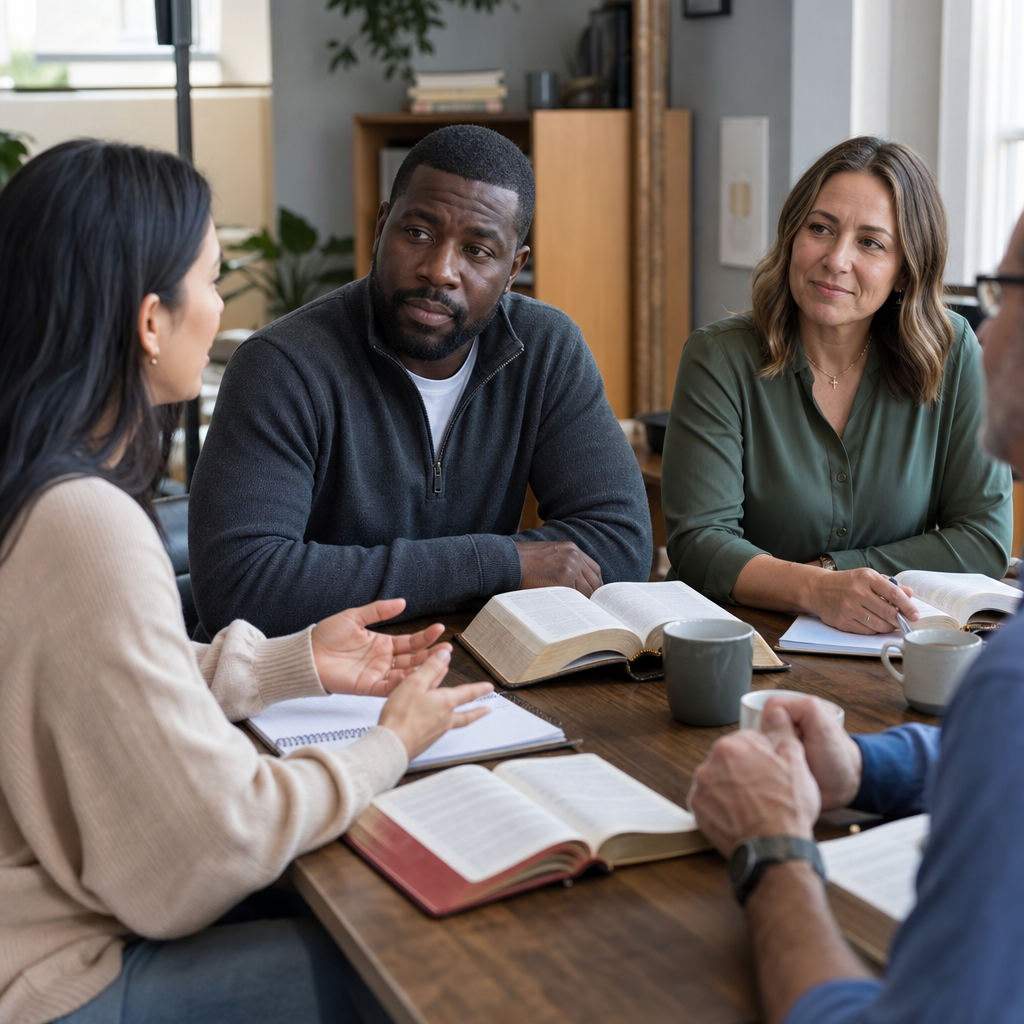 A diverse Christian small group discusses the Bible together in a welcoming room.