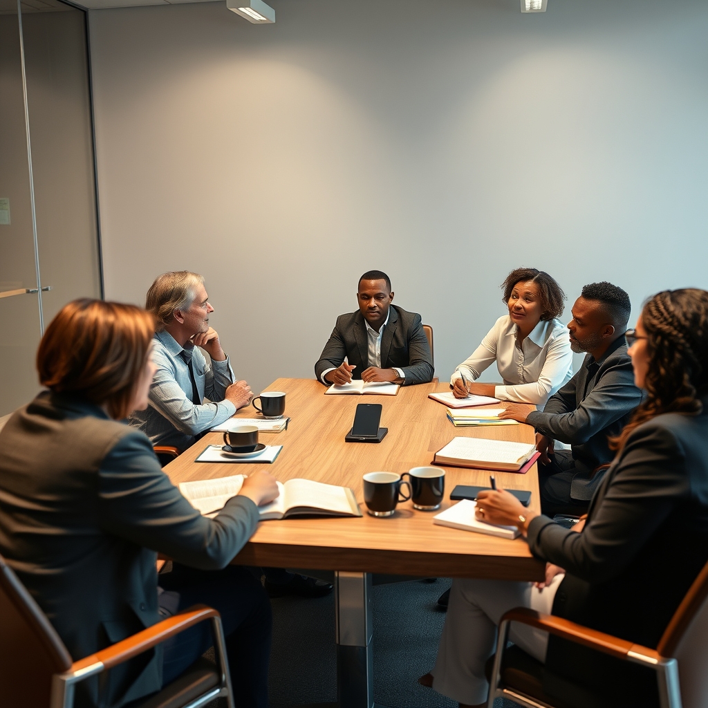 A diverse Christian small group studies the Bible together in a modern meeting room.