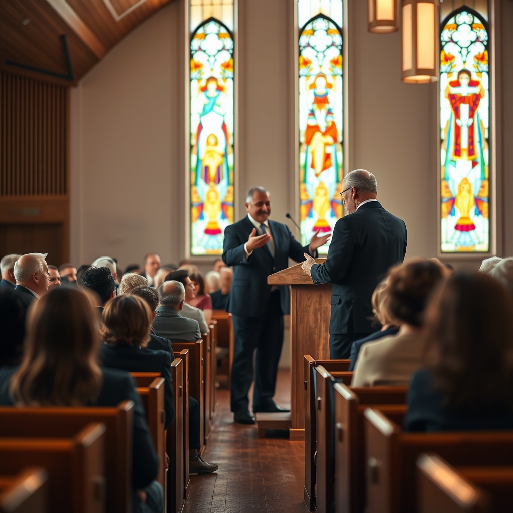 A diverse congregation seated in a church sanctuary, listening to a pastor deliver a sermon from a wooden pulpit, with colorful light from stained glass windows.