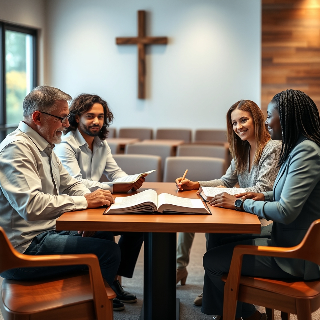 A diverse group of adults studying Bibles together in a warm church study room, reflecting a welcoming and educational faith community.