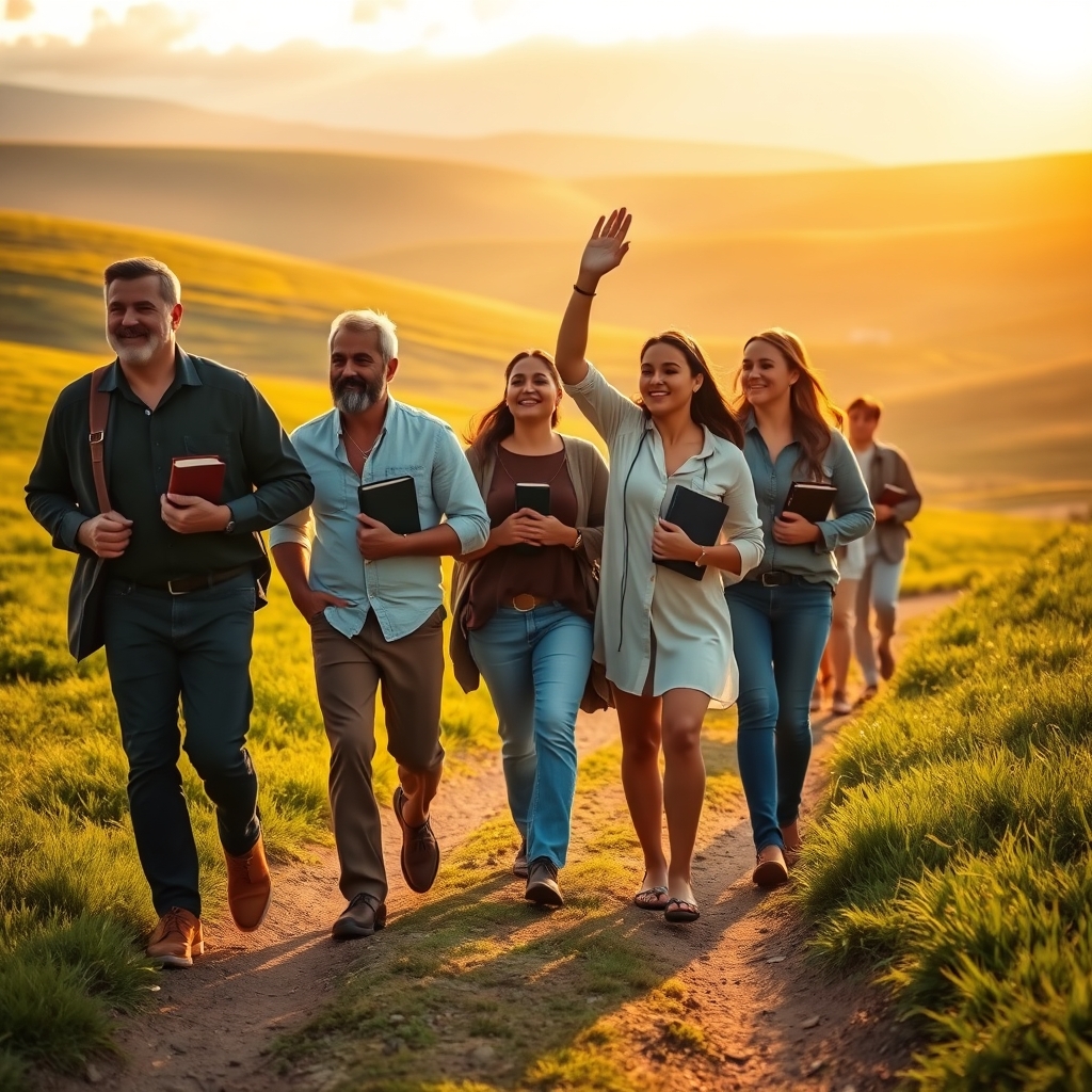 A diverse group of Christian men and women walking together on a sunlit path through green hills, raising hands in worship and carrying Bibles, symbolizing the journey of discipleship following Christ.