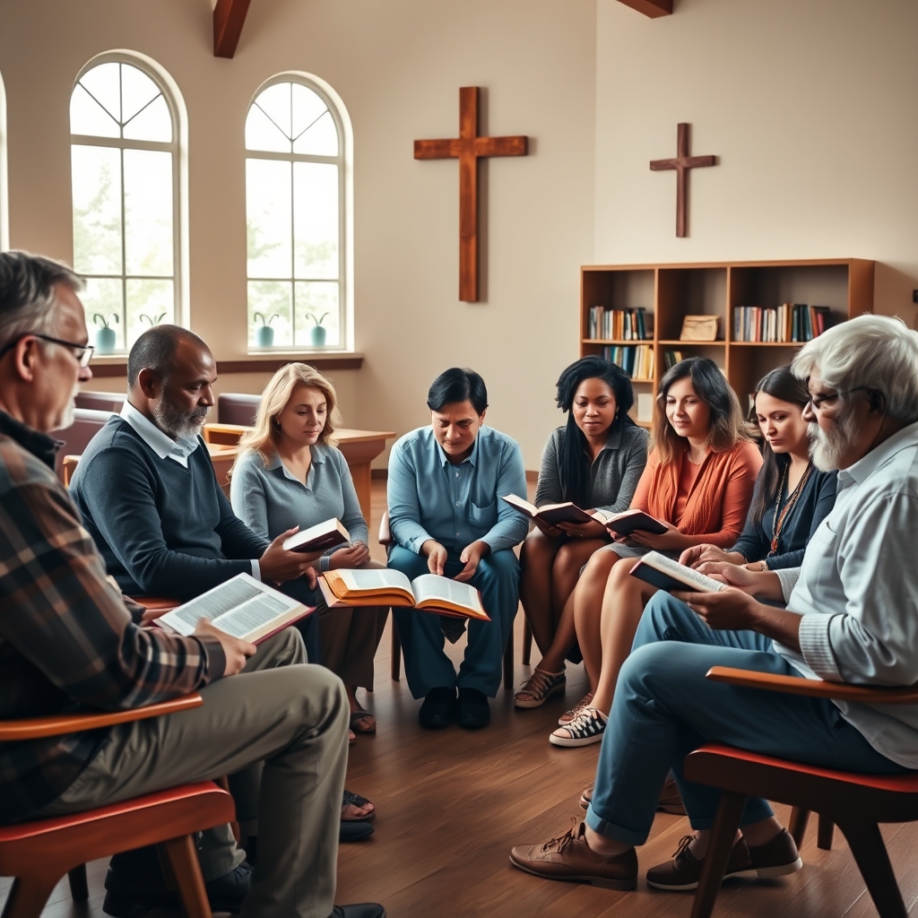 A diverse group of Christians discussing theology in a church fellowship hall with Bibles open.