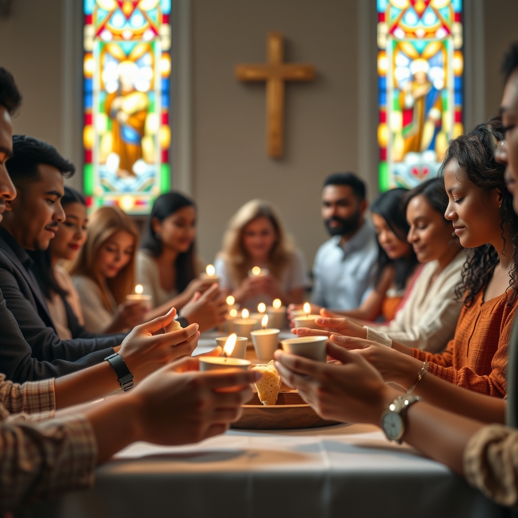 A diverse group of Christians gathered around a communion table holding bread and cups in a softly lit church sanctuary