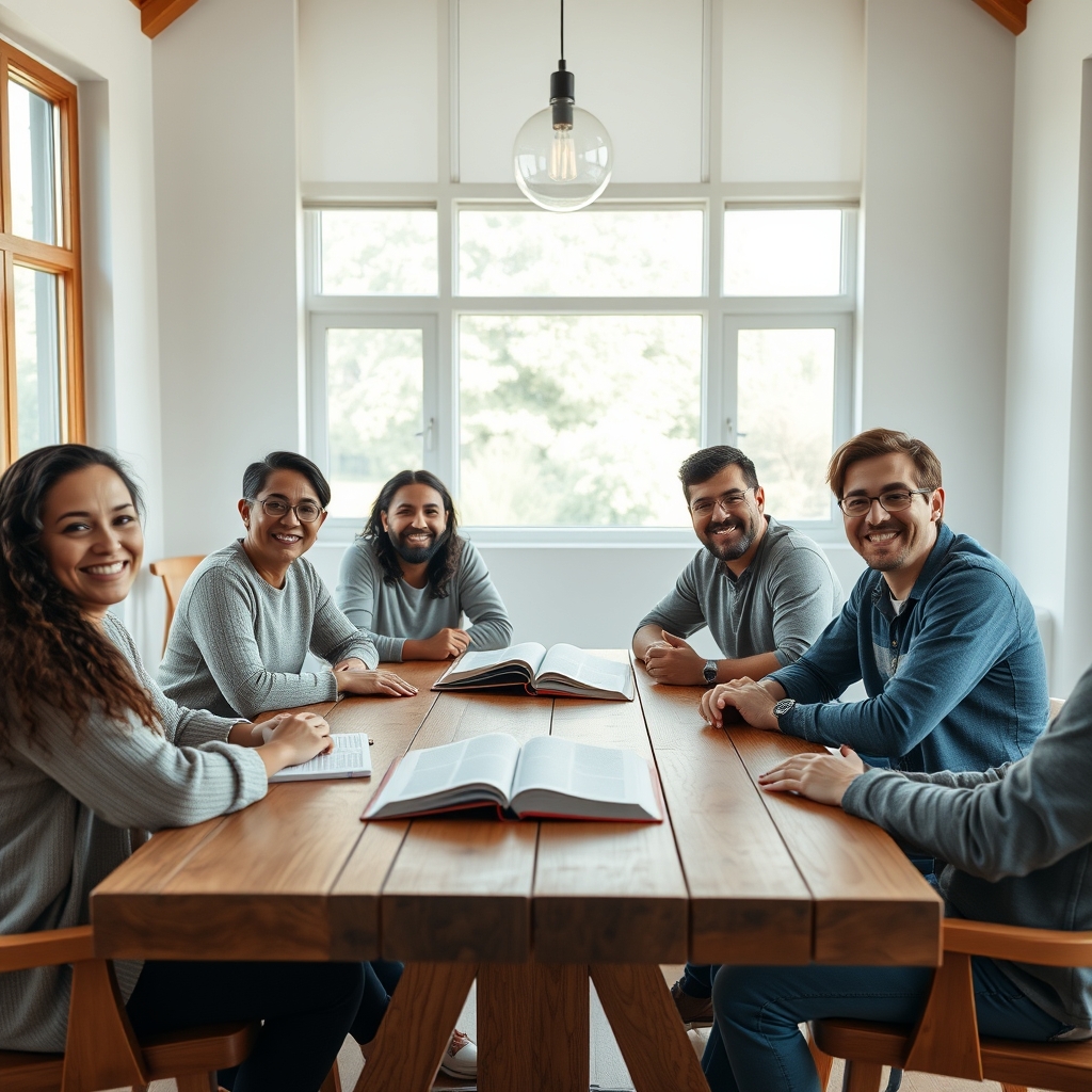 A diverse group of Christians gathered around a table discussing faith questions in a warmly lit church meeting room.