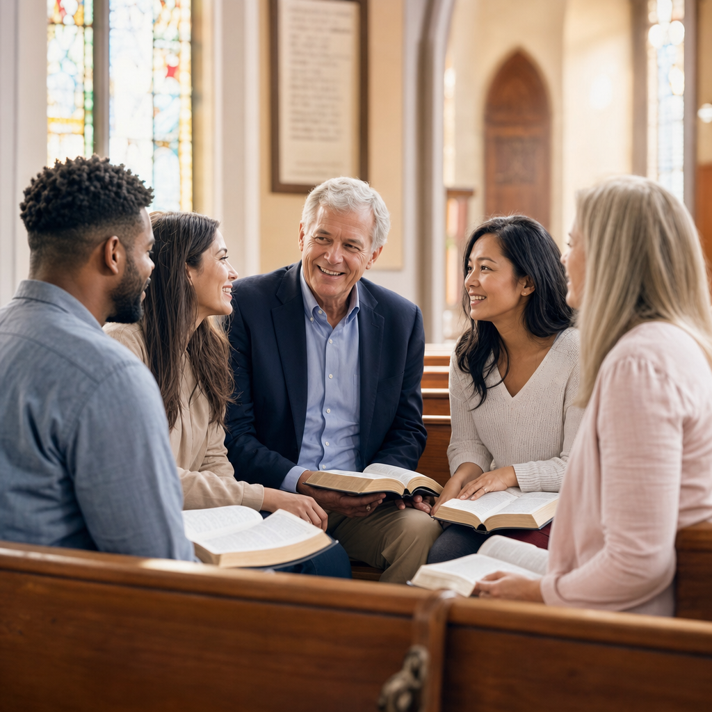 A diverse group of Christians in a warmly lit modern church sanctuary with open Bibles, natural light through stained-glass windows, conveying compassion and spiritual healing
