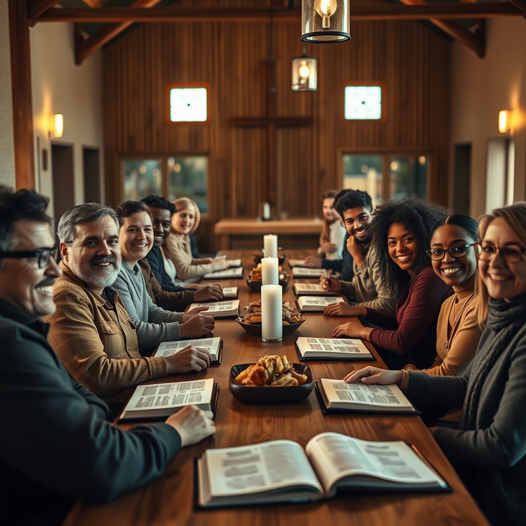 A diverse group of Christians sharing a meal together in a church fellowship hall, reflecting community and generosity.