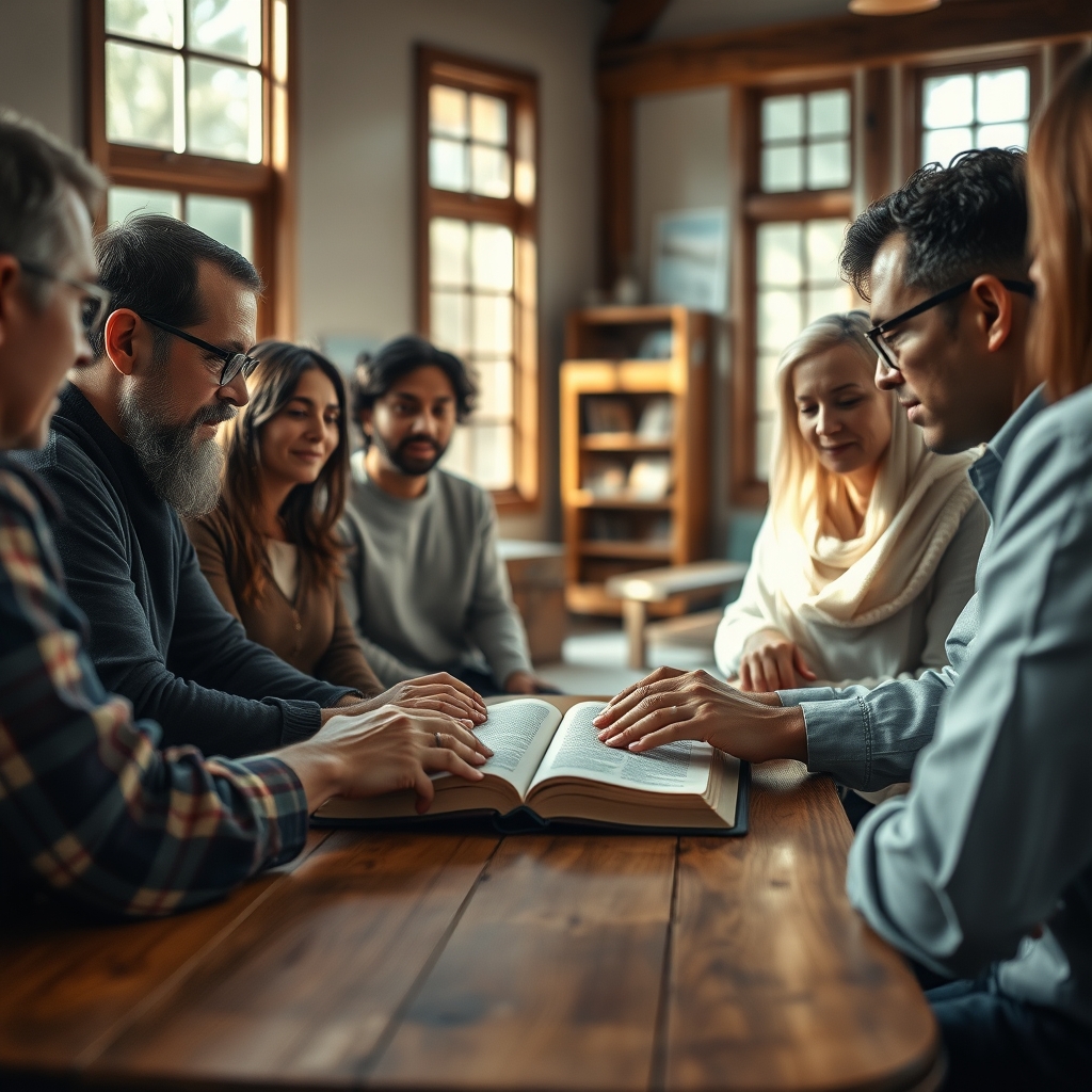 A diverse group of Christians sitting together in a warmly lit church library, gathered around an open Bible with a peaceful and reverent expression, illustrating fellowship and devotion to Christ.