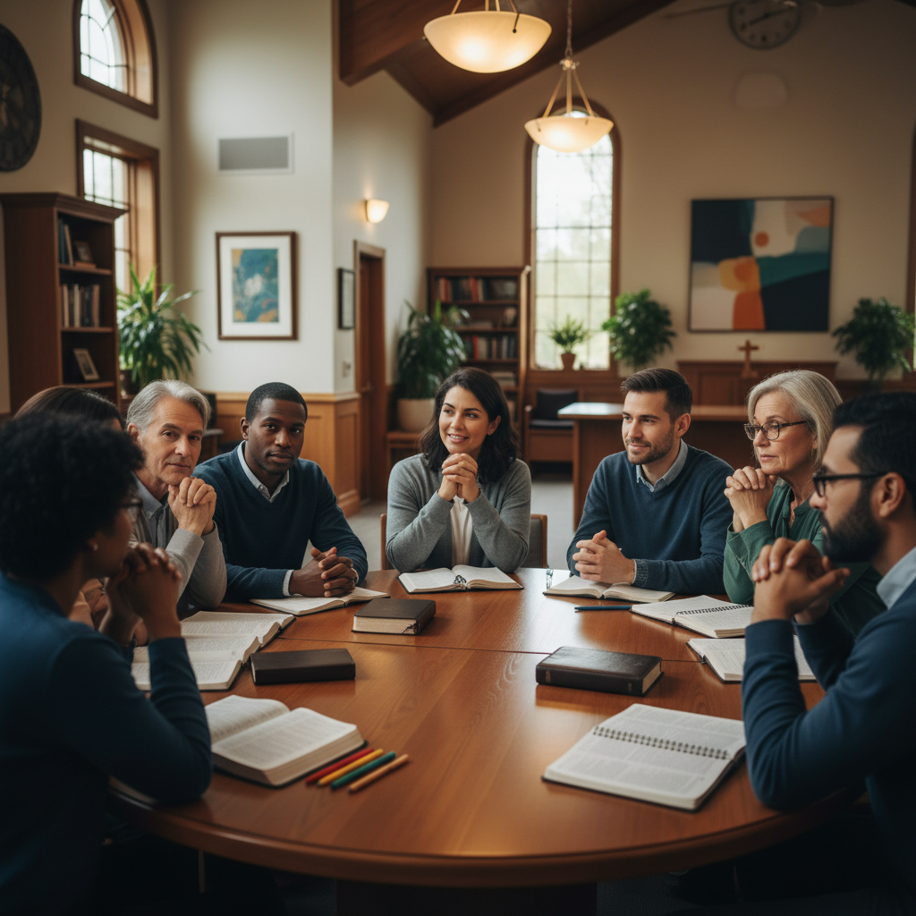 A diverse group of modern Christians gathered in a warm fellowship hall, engaged in an earnest and compassionate Bible study.