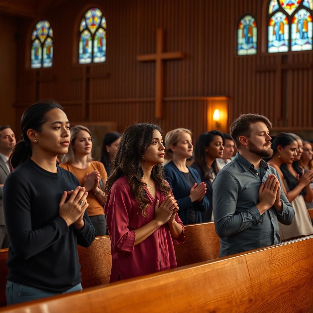 A diverse group of modern Christians kneeling together in prayer inside a warmly lit contemporary church sanctuary.