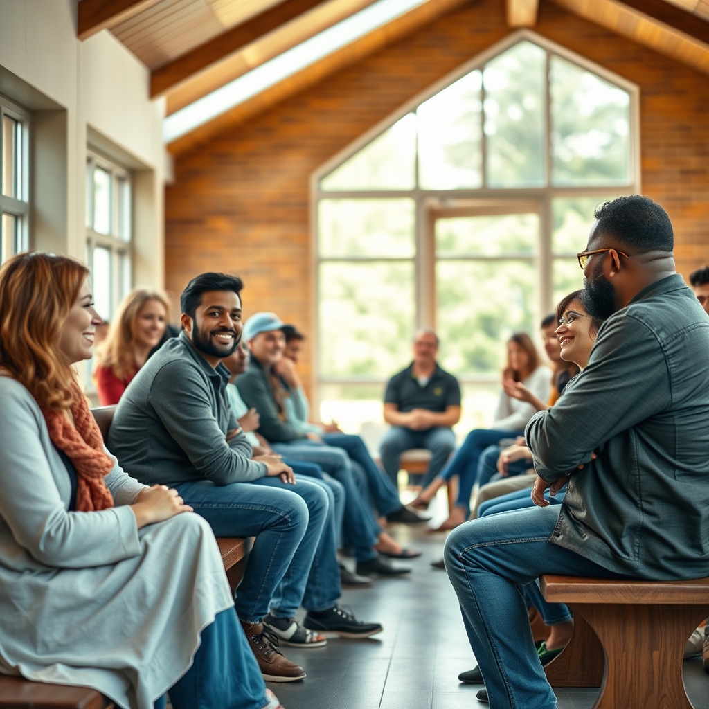 A diverse group of people having a warm, supportive conversation in a bright, modern community setting.