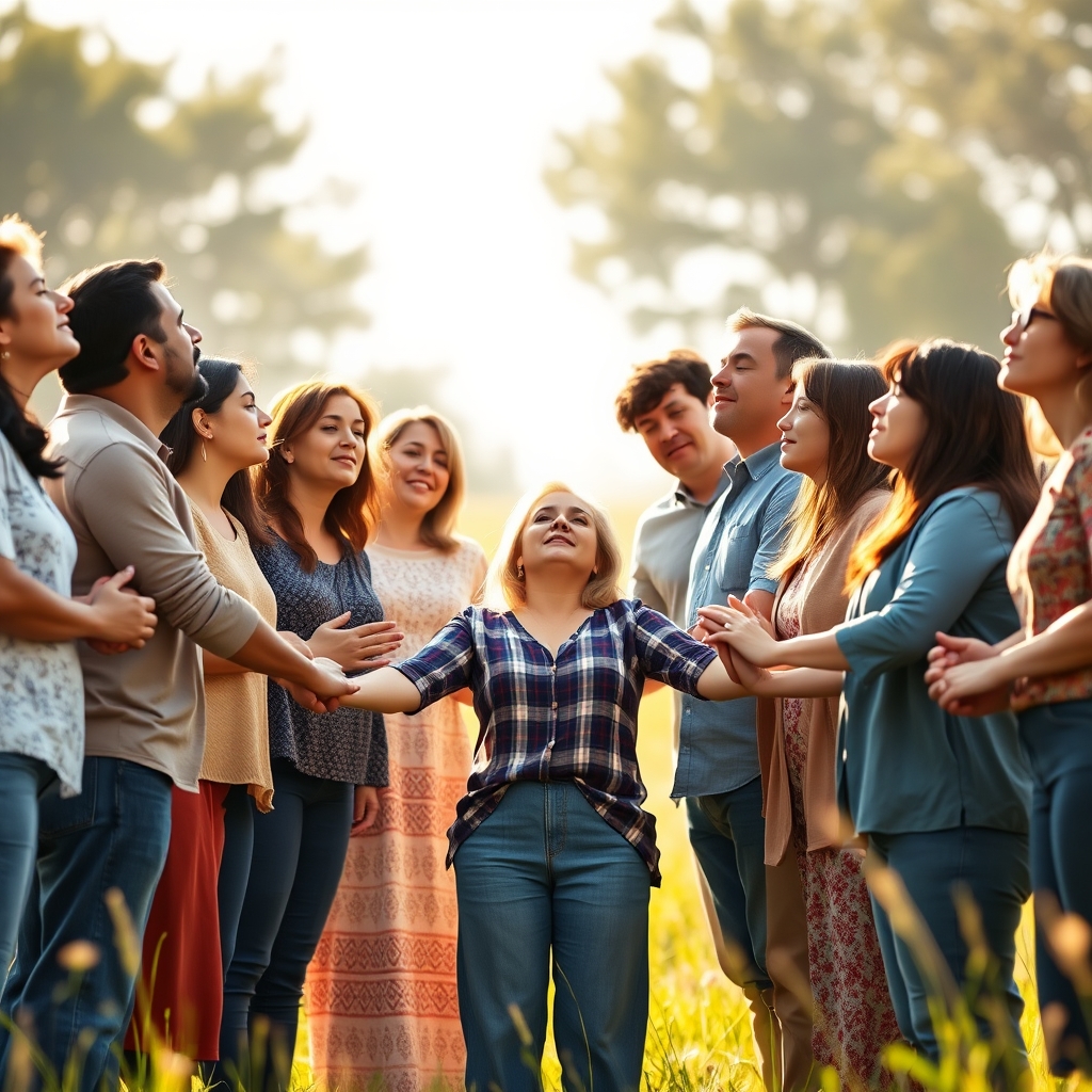 A diverse group of people holding hands in a sunlit meadow, looking upward in a moment of peaceful, communal faith.