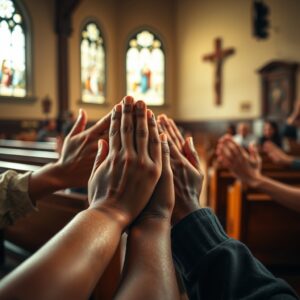 A diverse group of people holding hands in prayer in a warmly lit Christian chapel, highlighting themes of faith and spiritual unity.