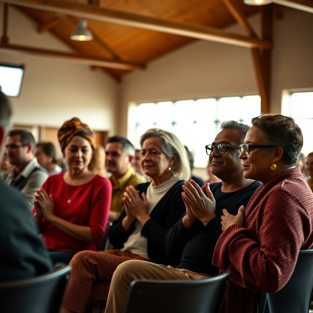 A diverse group of people praying together in a warmly lit church fellowship hall