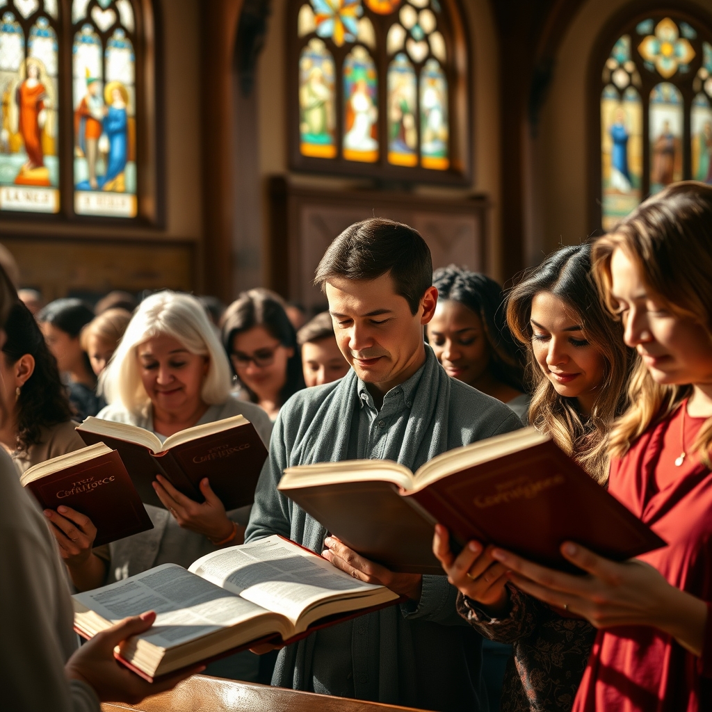 A diverse group of people reading Bibles together in a warmly lit church sanctuary, with natural light coming through stained glass windows.