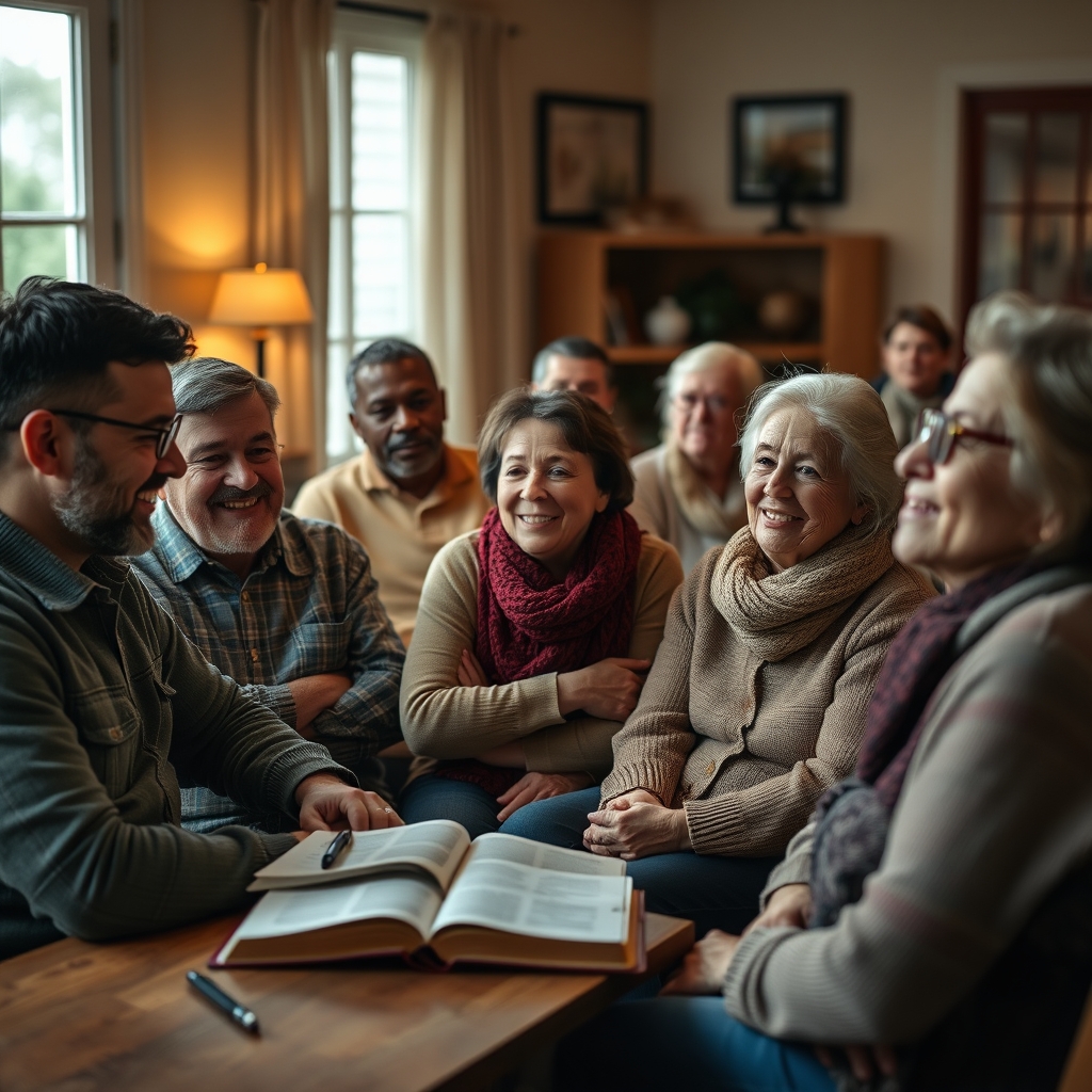 A diverse group of people sitting together in a warmly lit room, sharing an encouraging and hopeful moment of fellowship.