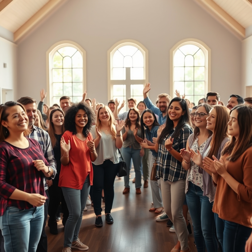 A diverse group of smiling people worshiping together in a bright modern church with natural light.