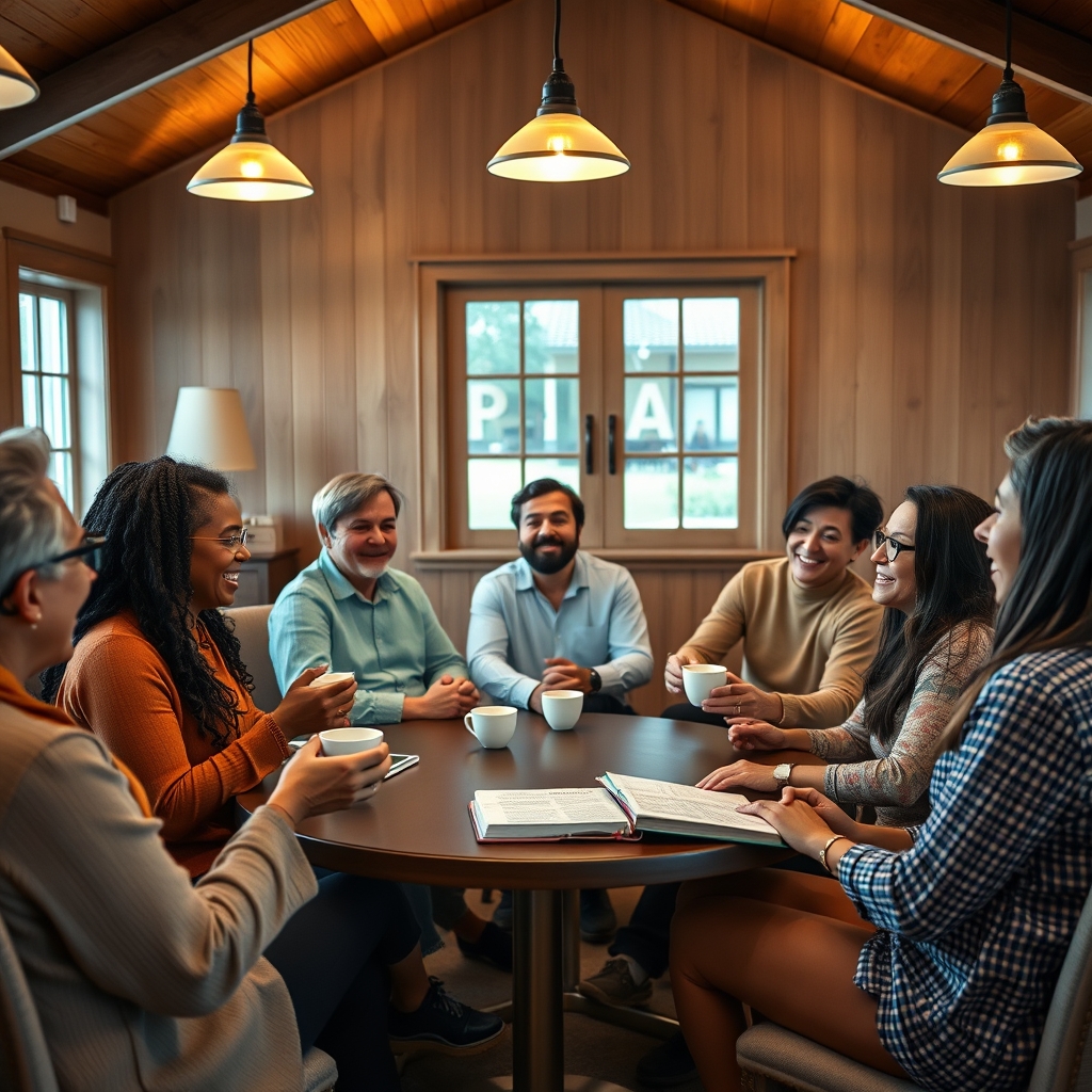 A diverse small group of people conversing warmly in a church meeting room with Bibles and coffee on the table.