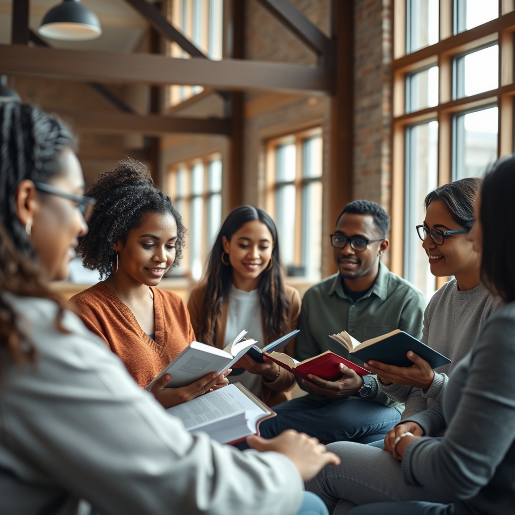 A diverse small group studying the Bible together in a bright, modern church.