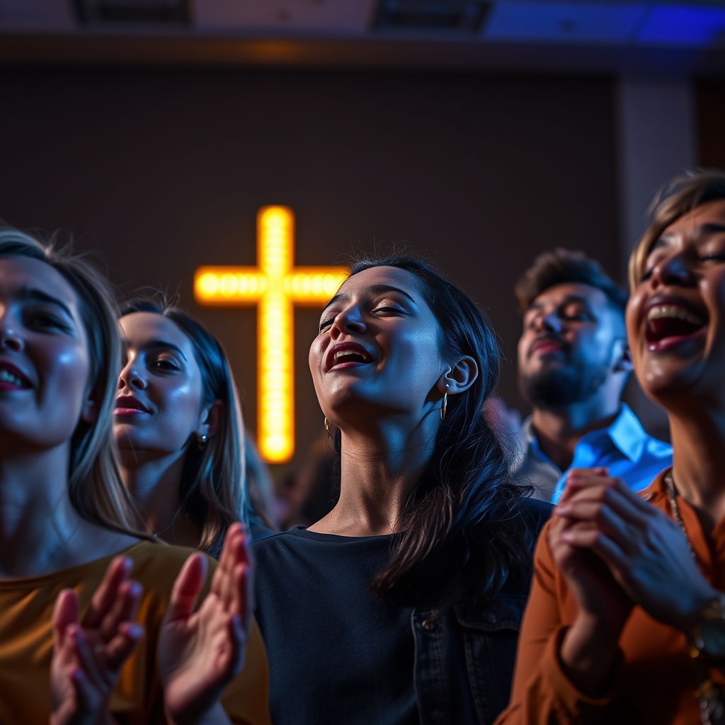 A diverse team of worshippers singing reverently together in a live worship setting, some with hands raised, an illuminated cross visible in the background