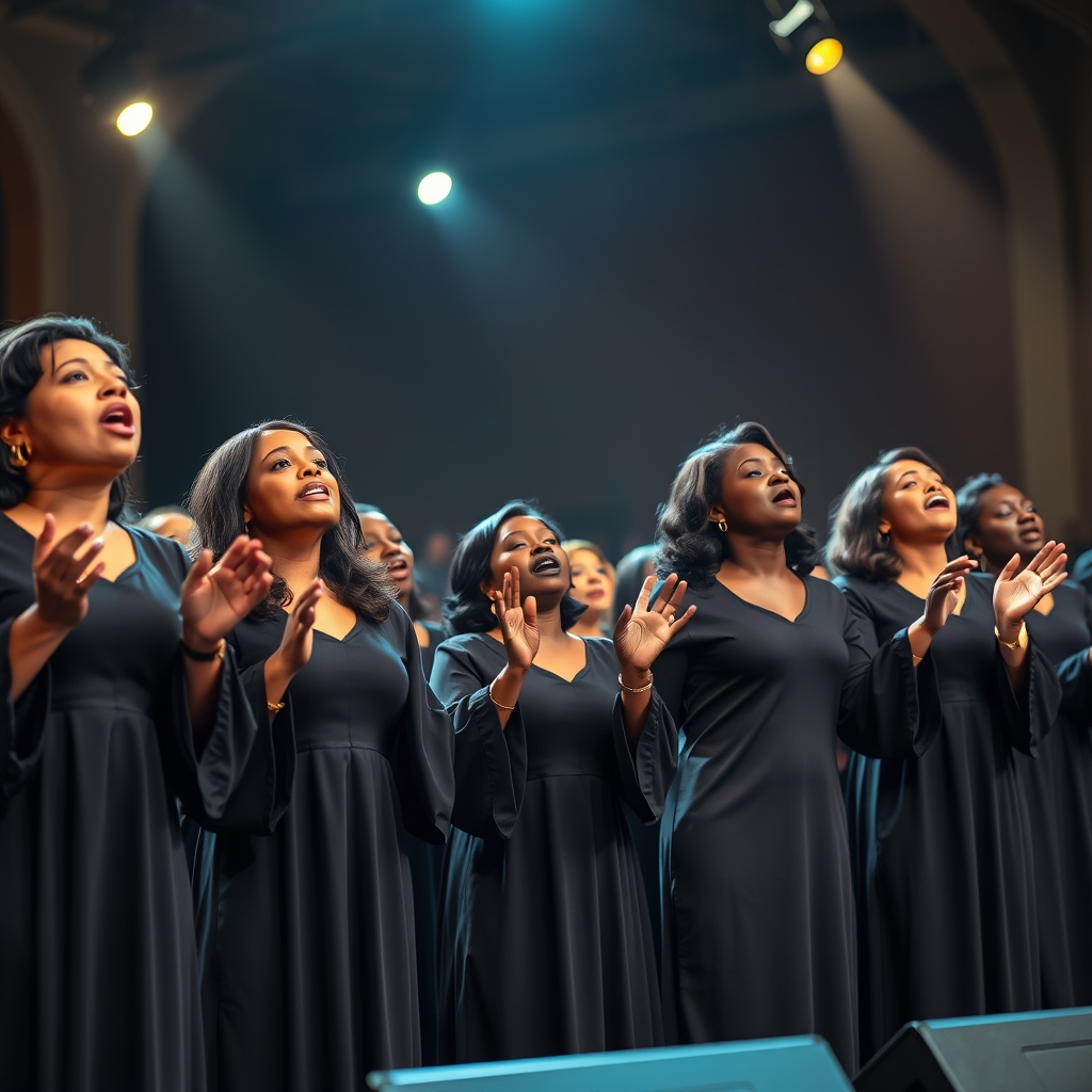 A gospel choir performing on stage with raised hands and warm spotlighting.