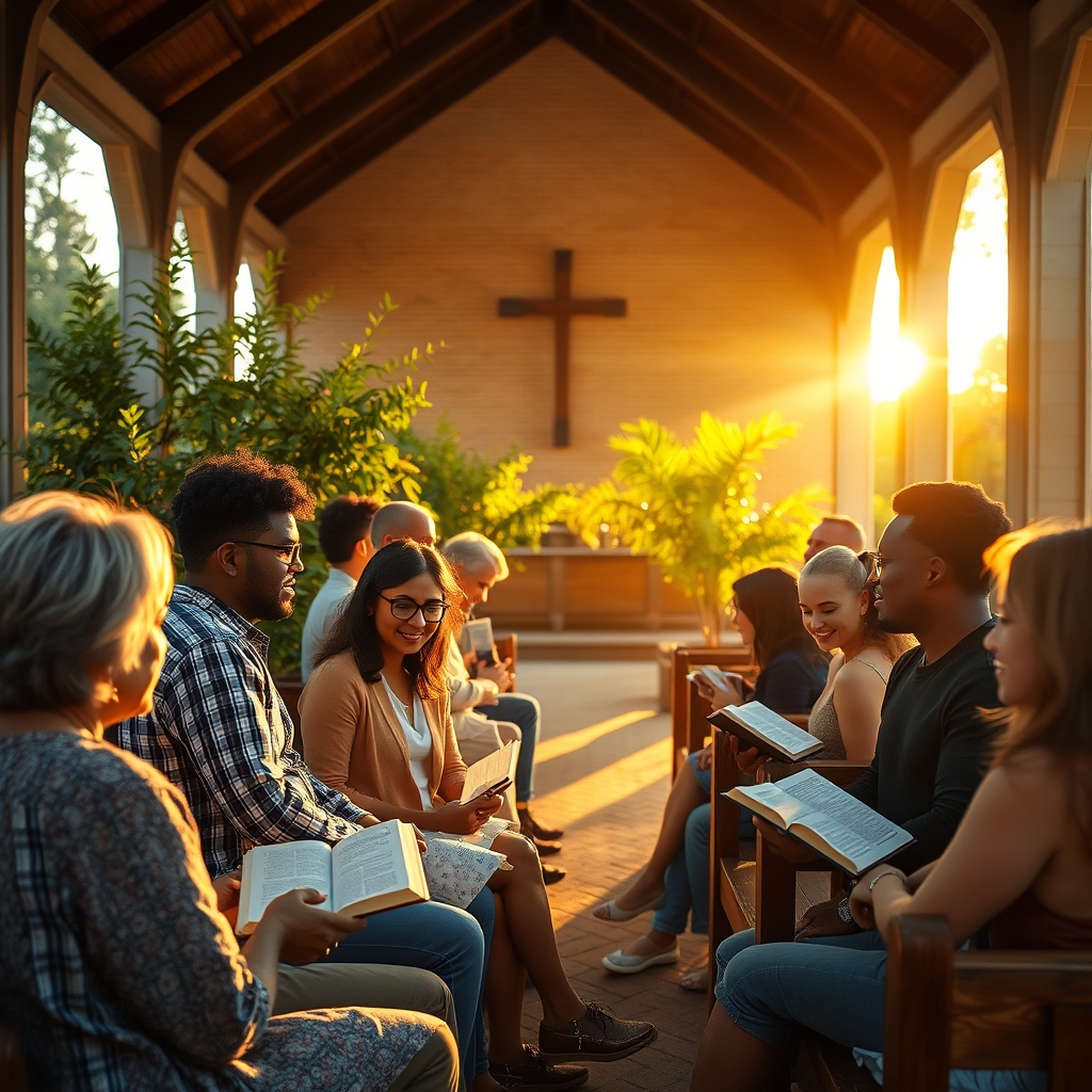 A group of people gathered in a church courtyard, sharing faith and studying the Bible during golden hour light.
