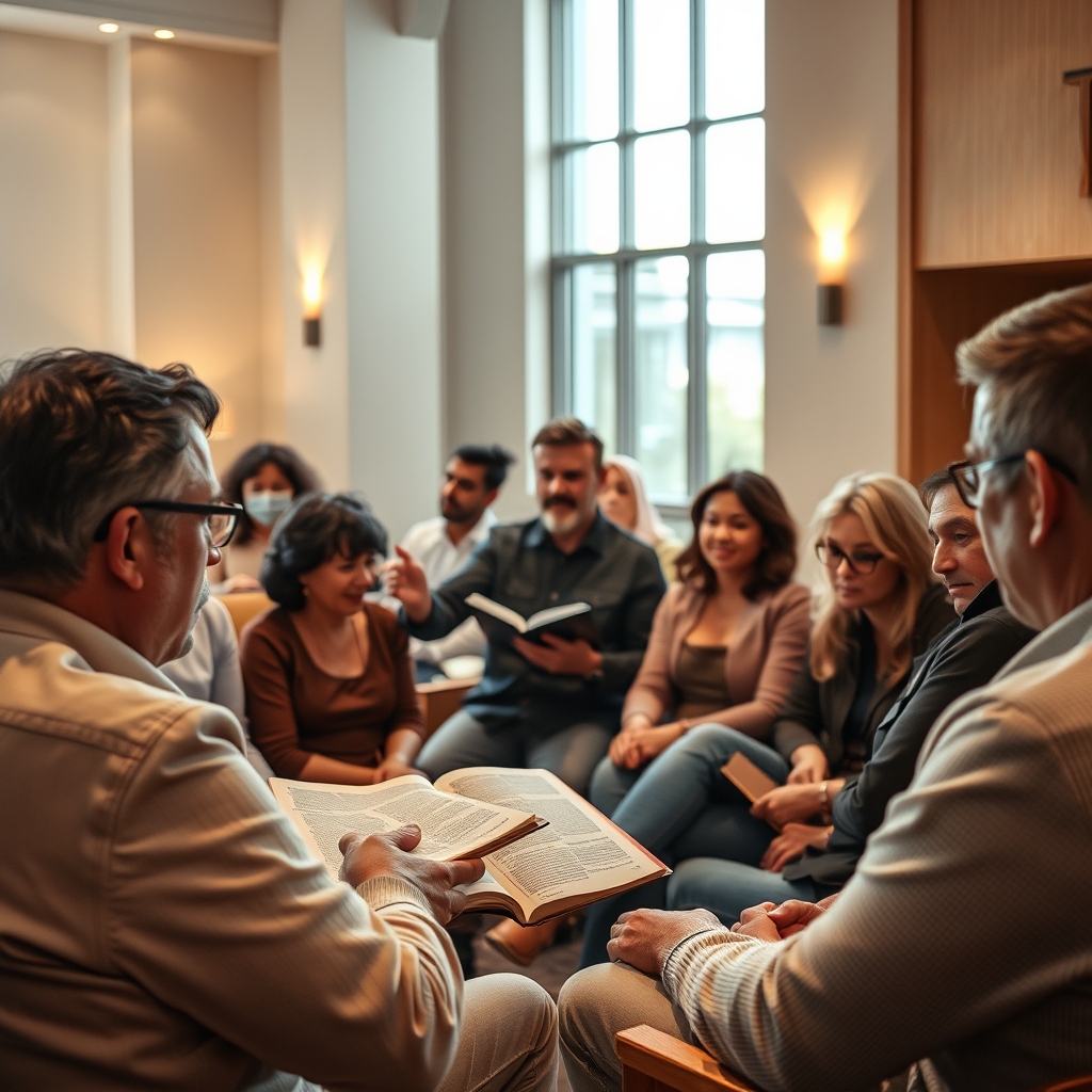 A group of people in a church study listening to a speaker discussing biblical scholarship related to Jesus.