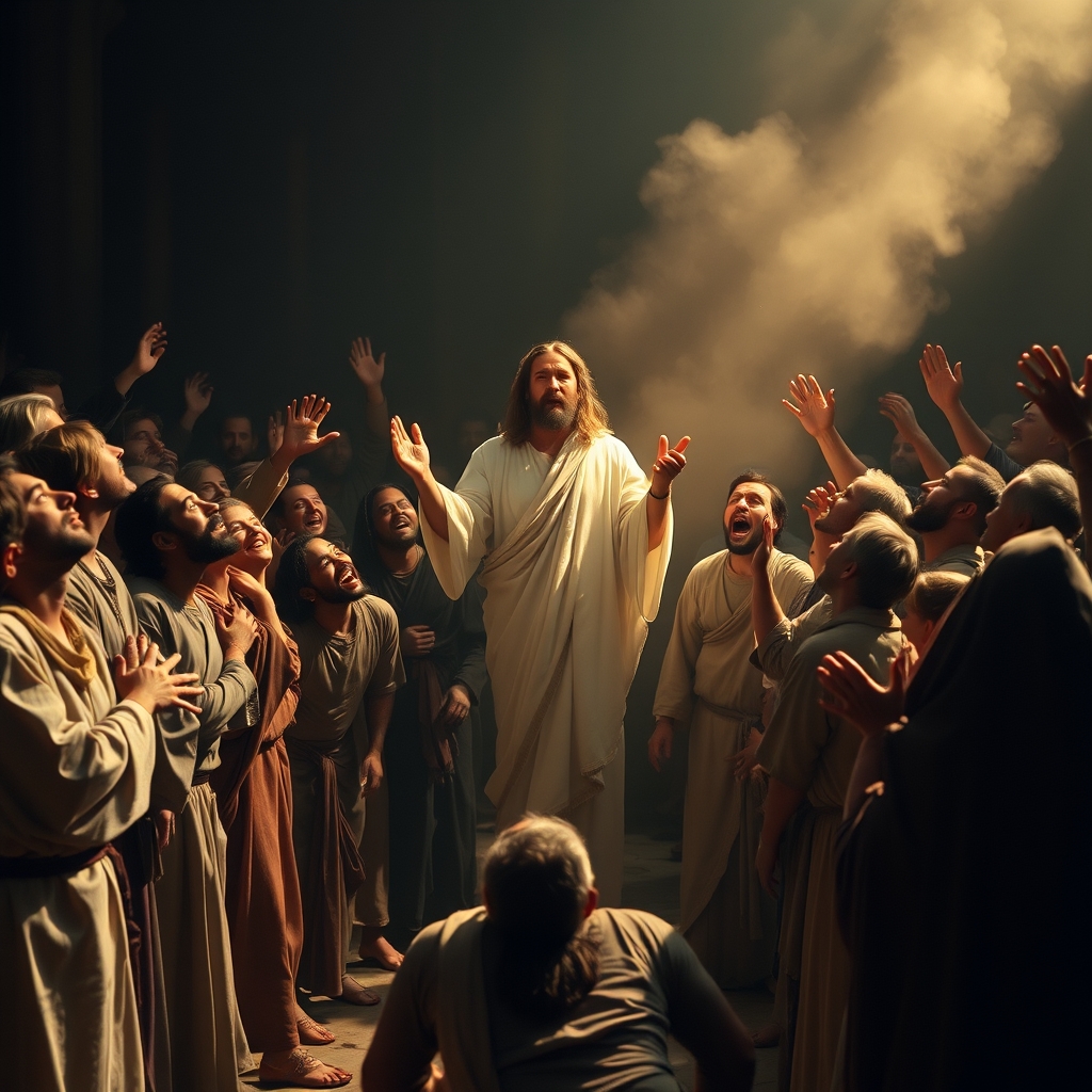 A group of people in robes reacting with awe as a figure of Jesus stands calmly in a beam of light.