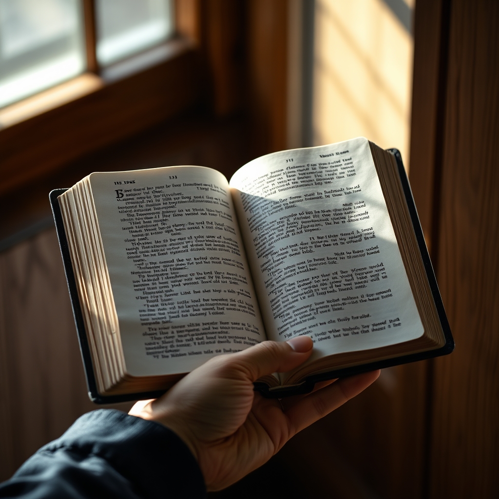 A hand holding an open Bible, illuminated by soft window light against a blurred wood background.