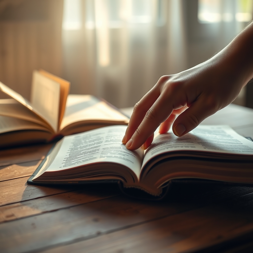 A hand turning the pages of an open Bible in a quiet, softly lit room.