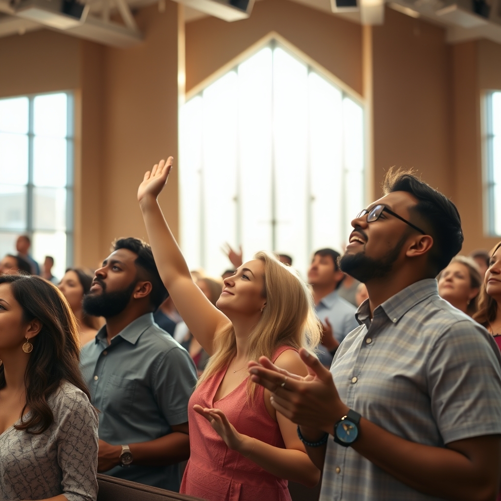 A joyful, diverse group of Christians worship together with raised hands in warm light filling a modern church.