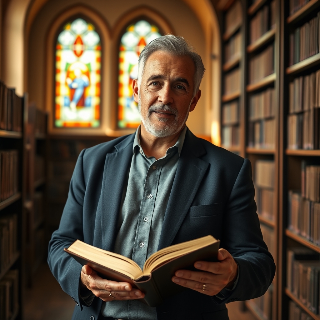 A kind-looking pastor holds an open Bible in a warm, book-filled church library with soft stained-glass light.