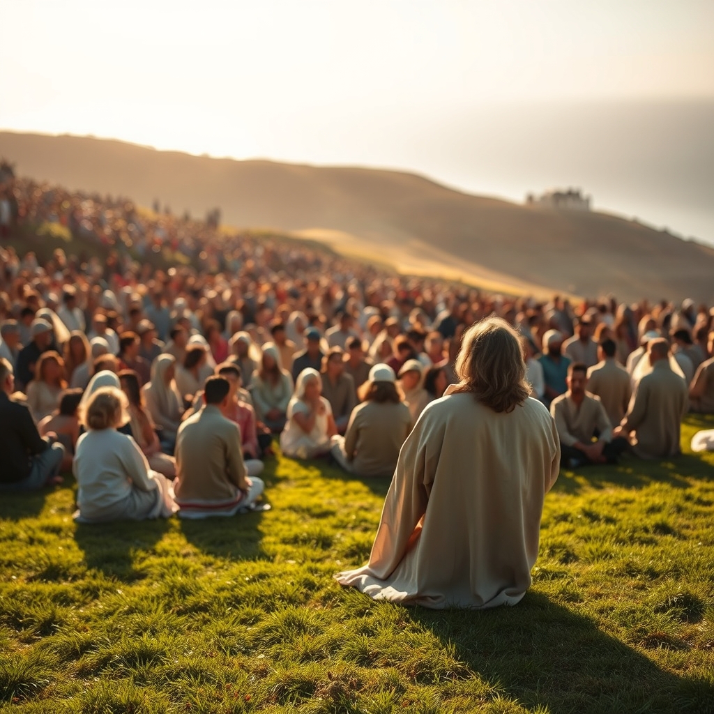 A large crowd gathered on a sunlit hillside near the Sea of Galilee, listening to Jesus teach.