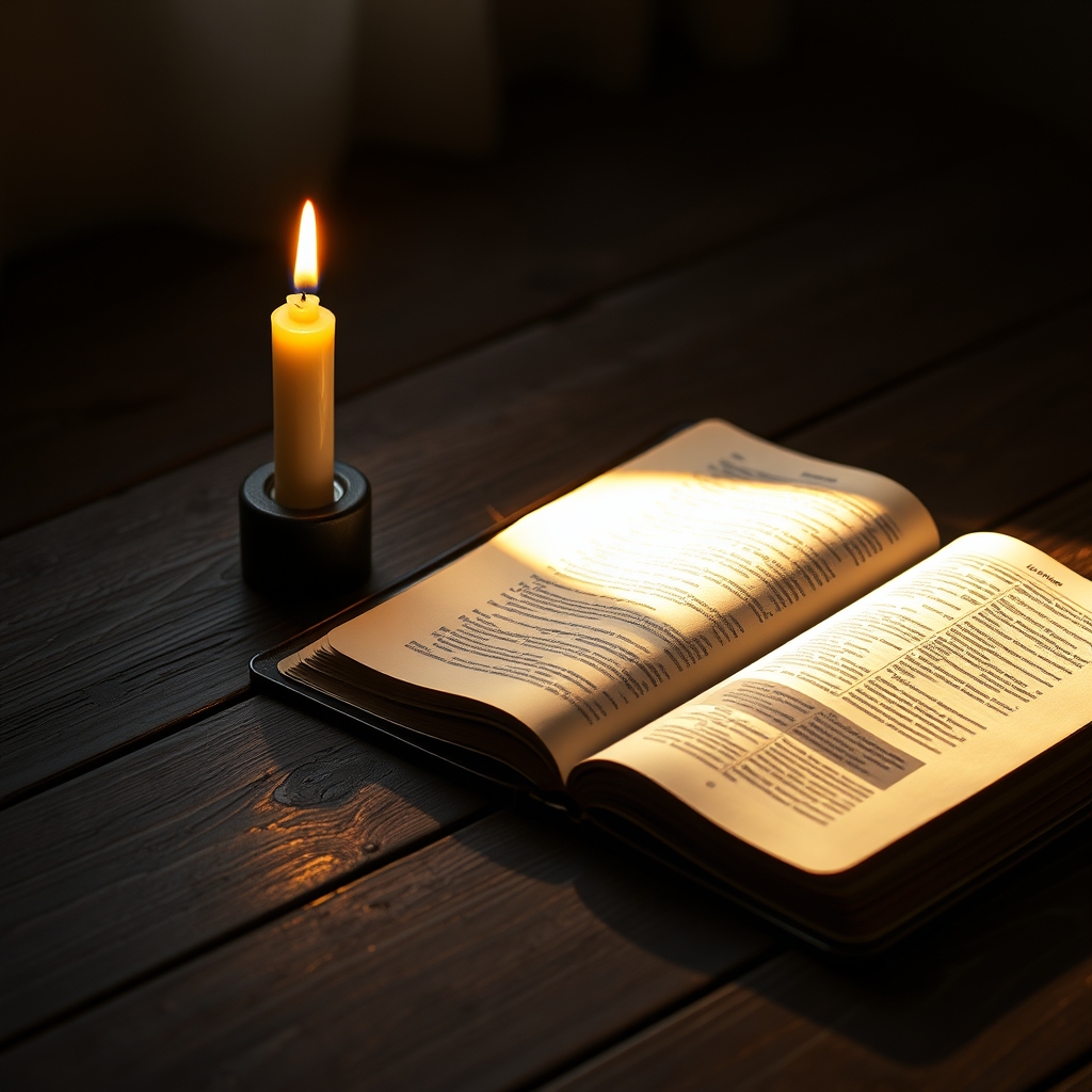 A lit candle beside an open Bible bathed in warm morning light.