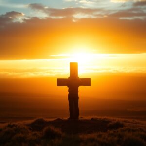 A lone figure stands before a weathered stone cross at sunrise, warm honey light breaking through clouds, a contemplative professional landscape photograph evoking peace and reverence.