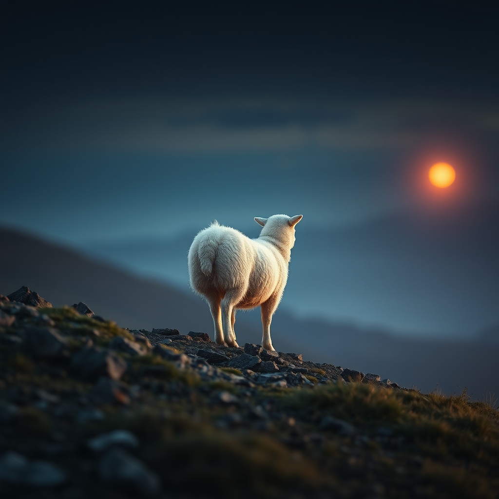 A lone sheep on a rocky hillside looking toward a warm distant light at dusk