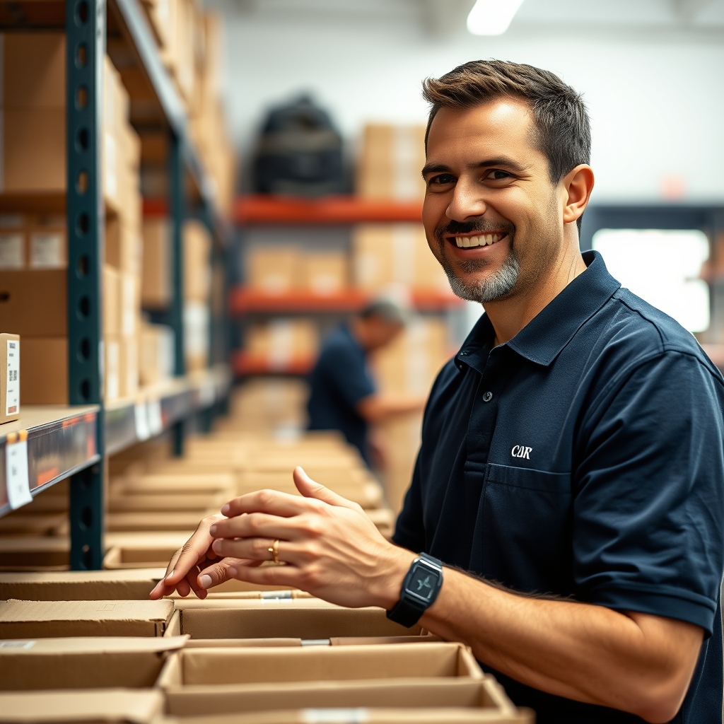 A male volunteer packing food boxes at a community center, wearing a navy polo and smiling.