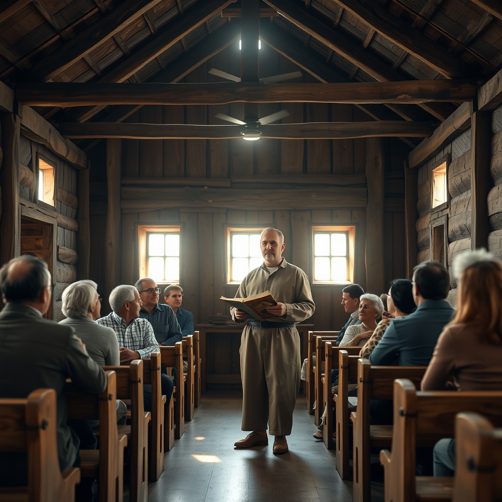 A man holding an open scroll while speaking to a small, attentive group gathered in a warmly lit rustic chapel.