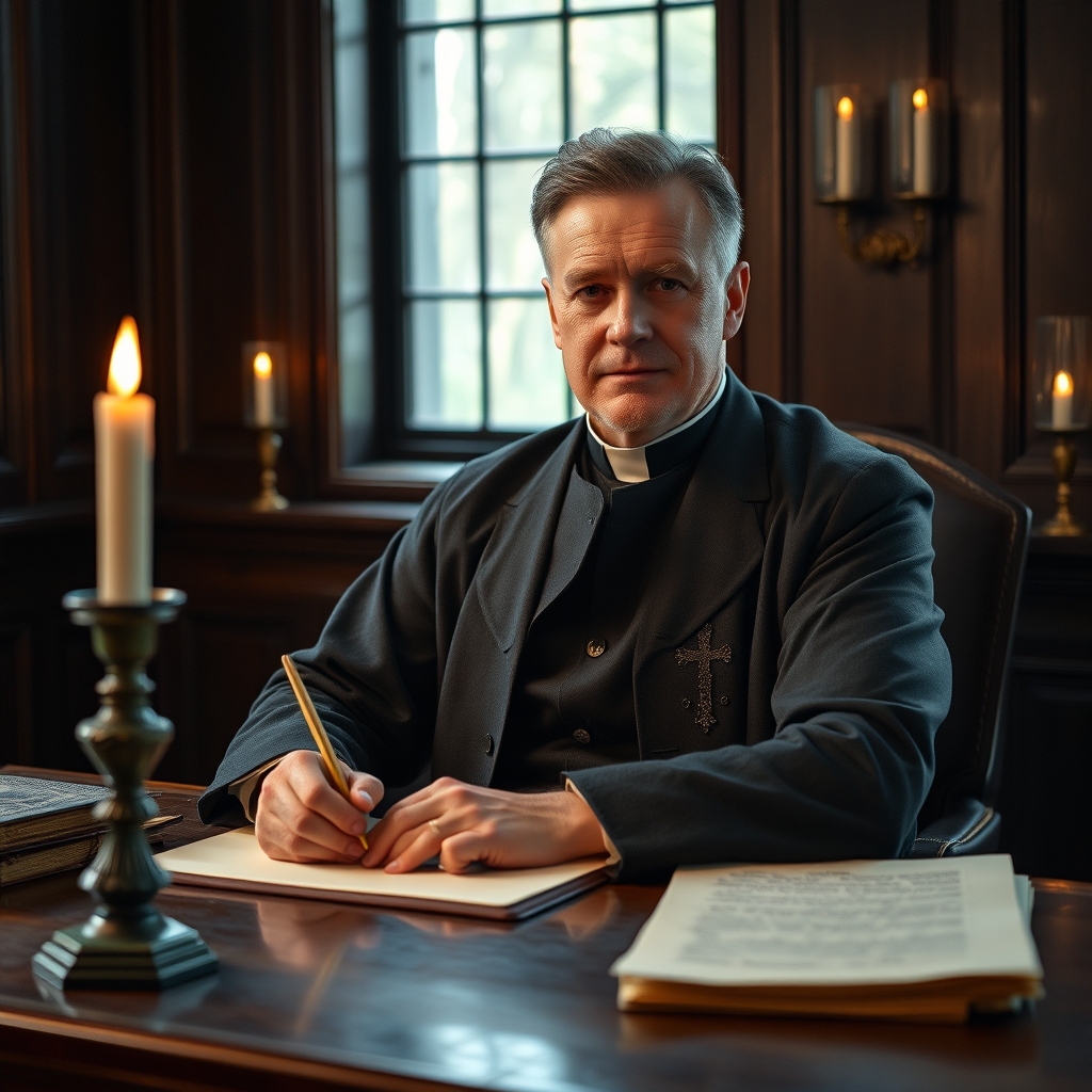 A man in 19th-century clerical attire seated at a writing desk with quill and parchment, illuminated by warm candlelight.