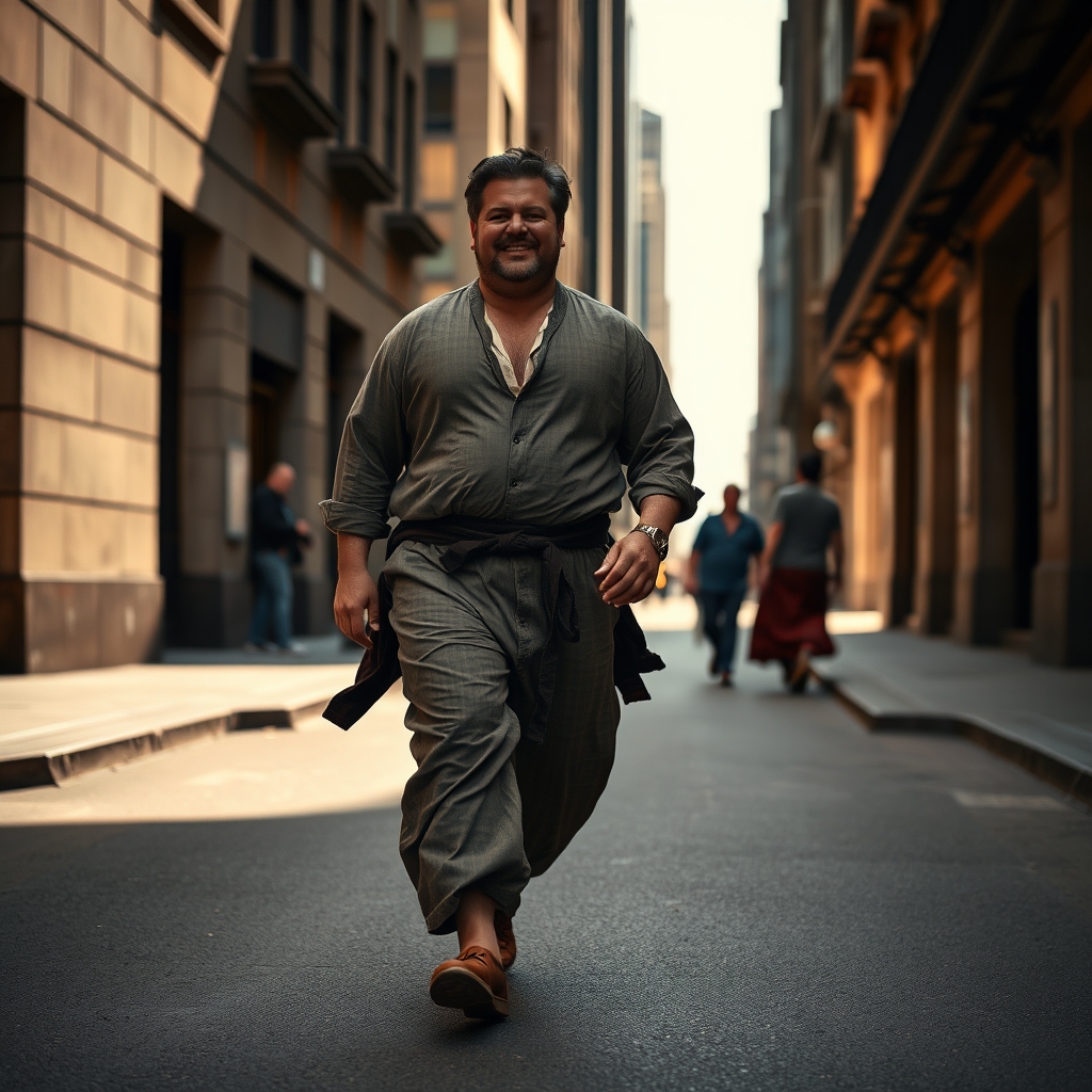 A man in historical clothing walking with urgency and purpose through a modern city street.
