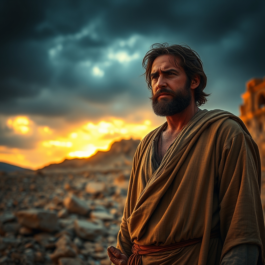 A man in period clothing stands in a dramatic rocky landscape during golden hour, with conflicted expression, stormy sky and warm light.