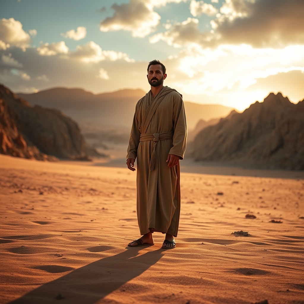 A man in simple robes standing alone in a vast desert under a dramatic golden sky, conveying solitude and spiritual resolve.