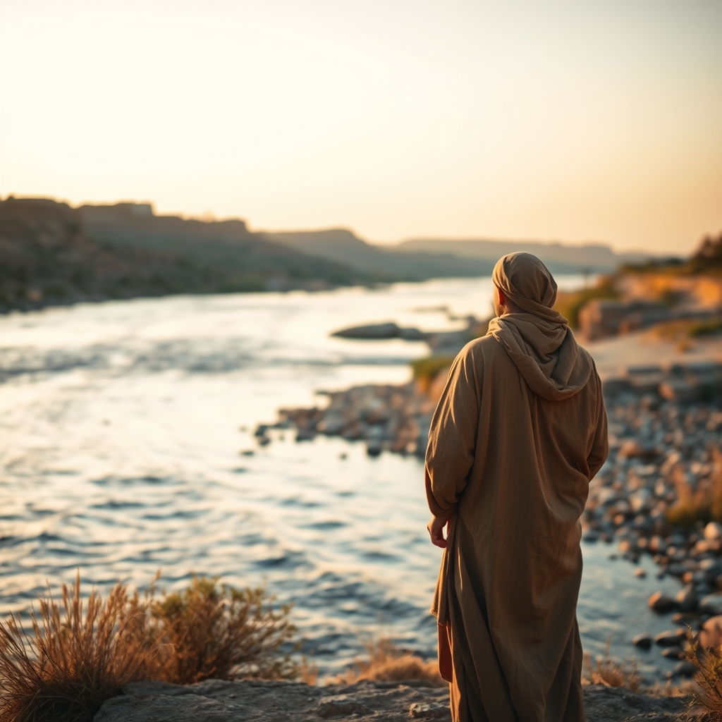 A man seen from behind, standing on the bank of the Jordan River bathed in golden light, dressed in simple ancient clothing, looking contemplatively across the water in a serene pastoral setting.