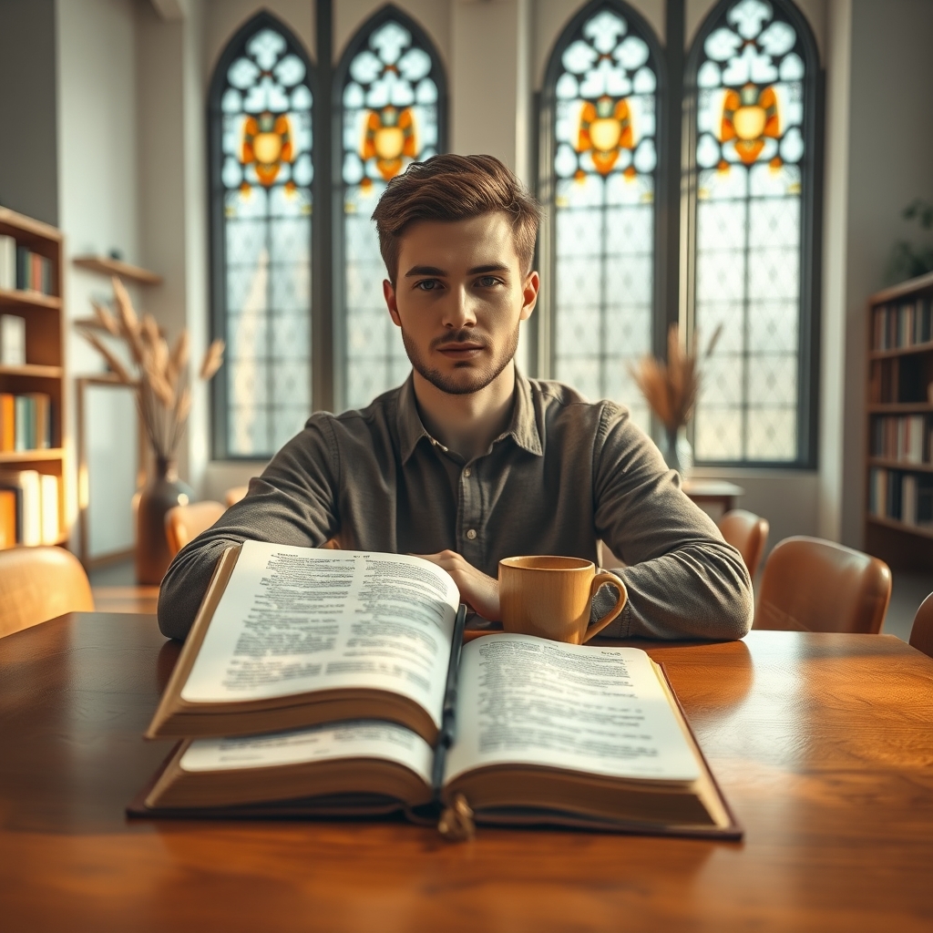 A man studies a highlighted Bible beside tea and handwritten notes in a peaceful sanctuary classroom with stained glass windows