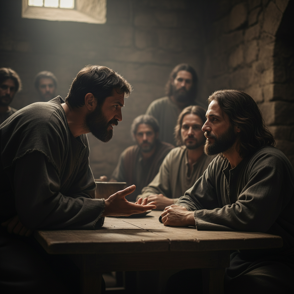 A man with a frustrated expression gesturing towards a calm, composed man seated at a table in a dimly lit room, capturing a moment of tension and contrasting reactions.
