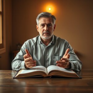 A man with an expression of honest inquiry, hands gently open in a gesture of faith, seated before an open Bible in a warm, softly lit study, with a gentle golden light suggesting Christ's presence.