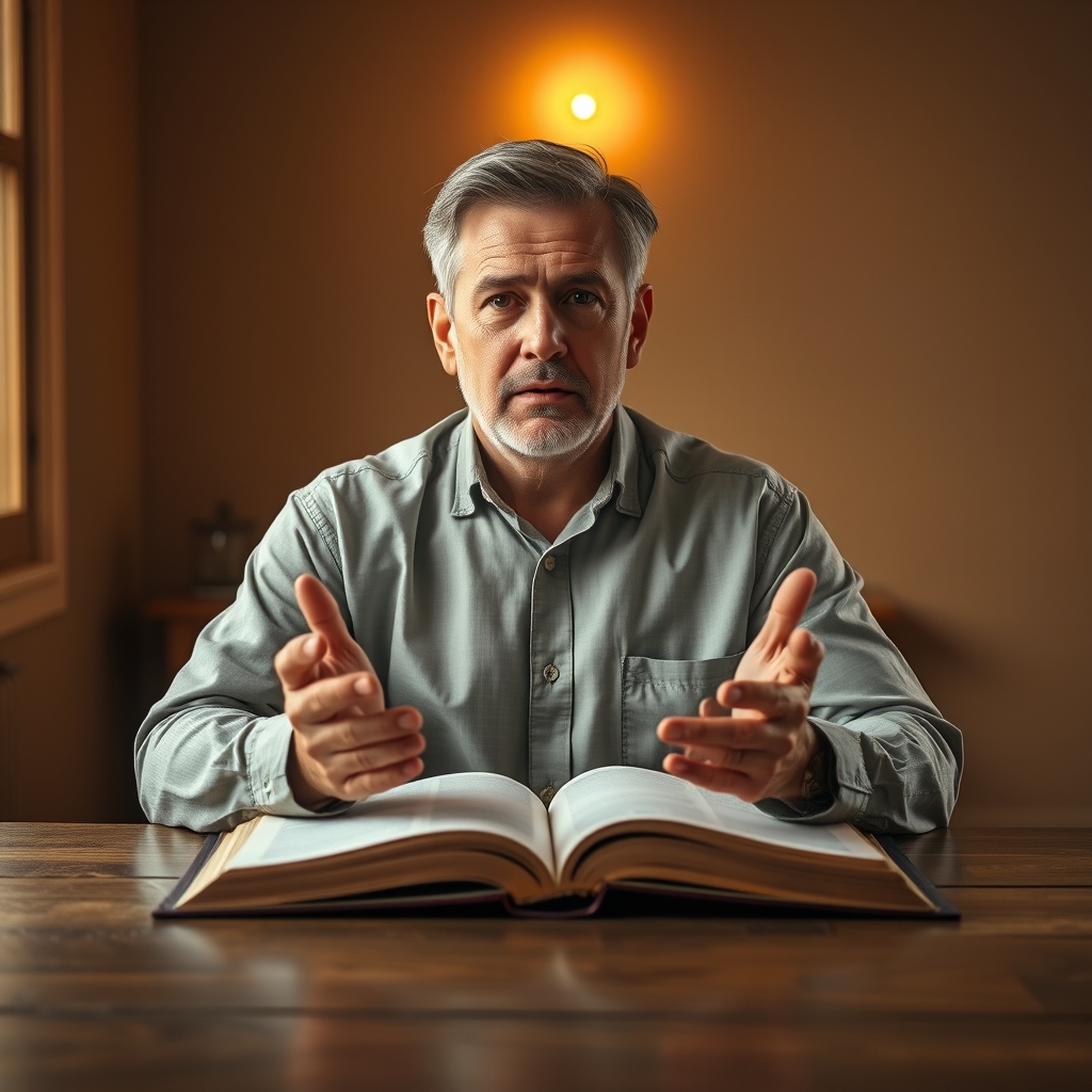 A man with an expression of honest inquiry, hands gently open in a gesture of faith, seated before an open Bible in a warm, softly lit study, with a gentle golden light suggesting Christ's presence.