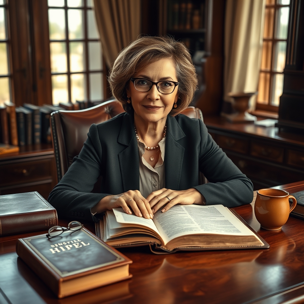 A middle-aged woman in an elegant study room, hands resting on an open Bible, surrounded by personal devotionals with soft natural lighting