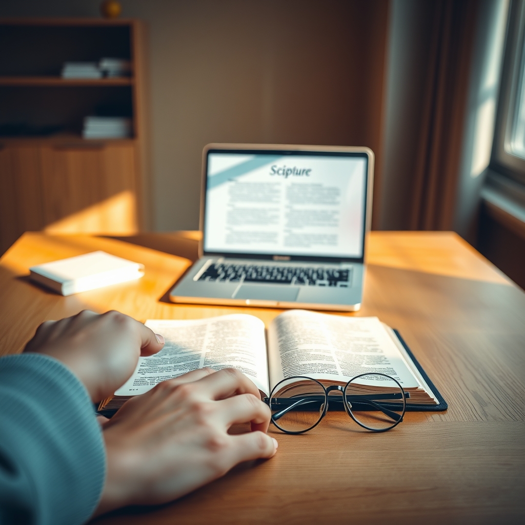 A modern desk with a laptop displaying the Seminary program interface, an open scripture book, and reading glasses, symbolizing daily spiritual growth and personal study for Latter-day Saint youth.