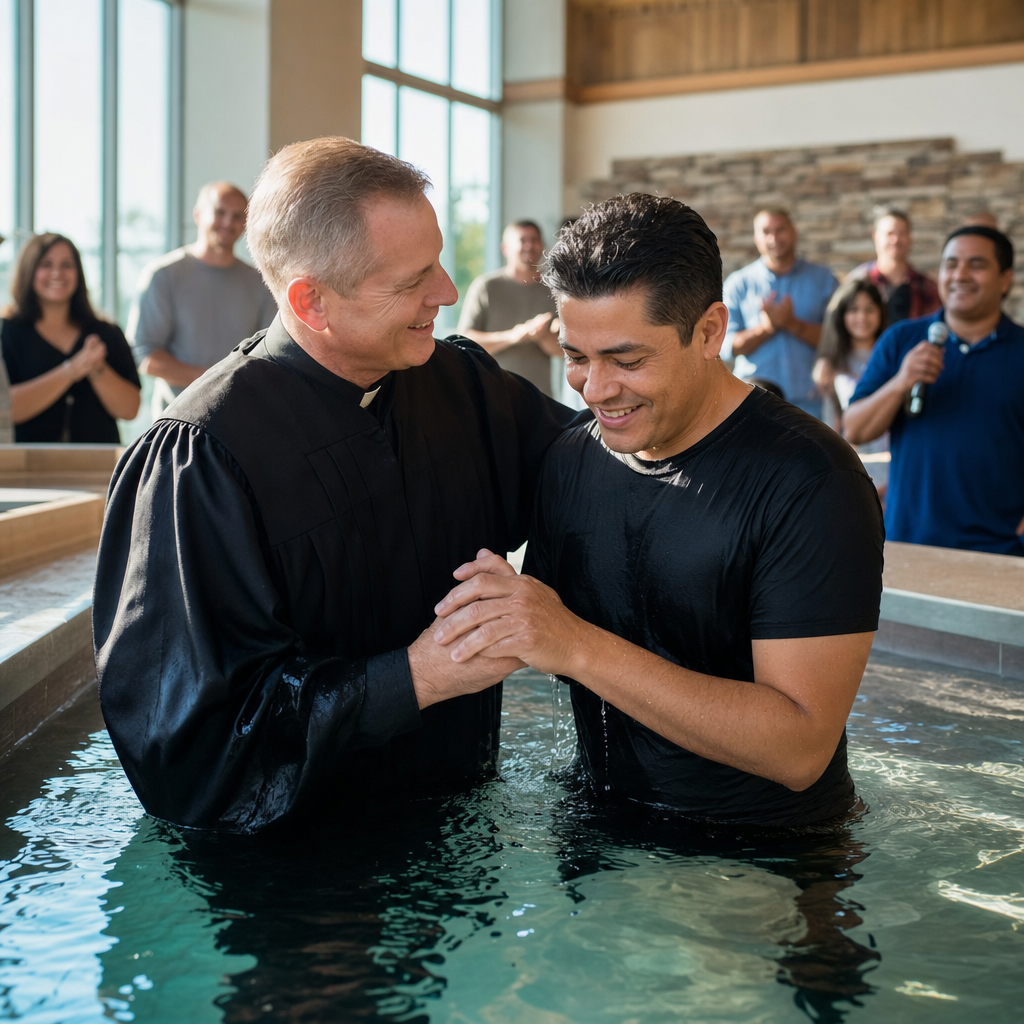 A pastor baptizes an adult believer in a church baptismal pool.